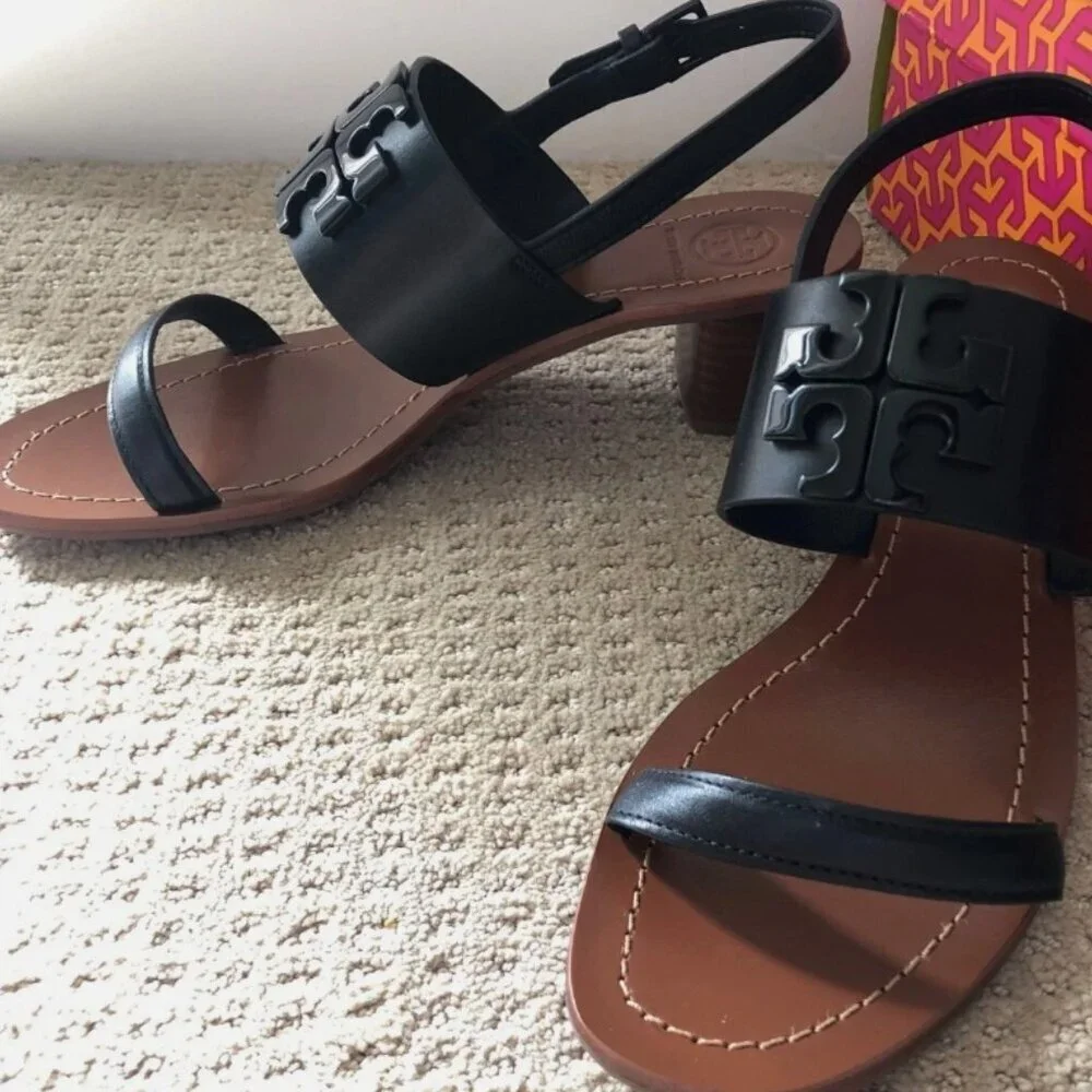 Tory Burch Lowell Women’s Slingback Black Leather Heeled Sandal (Size: 7M)